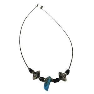 1970s Sterling Silver Liquid Beads Turquoise Stone Statement Boho Necklace